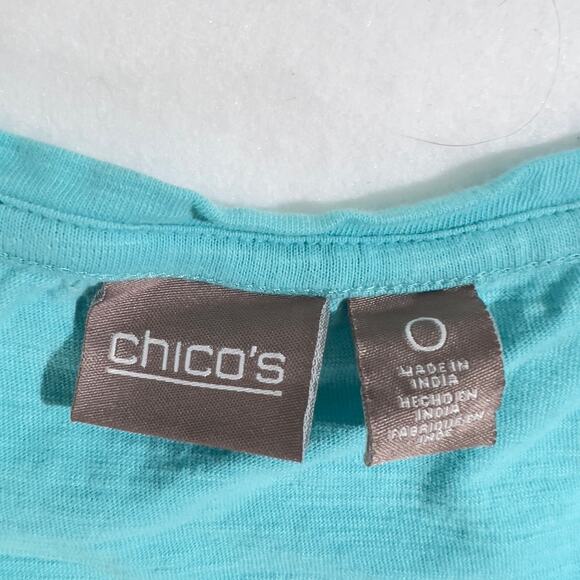 Chico's T- Shirt Woman's Size 0 (S/4) Fringed Short Sleeve Cuffs Teal/ Greenish - Picture 2 of 10